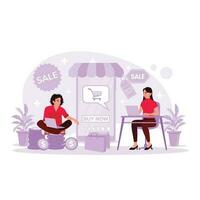 Young women and men sit with laptops, open e-commerce sites, and shop online for discounts. Trend Modern vector flat illustration.