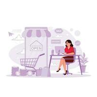 SME business pioneer, female entrepreneur working with computers. Accept online orders. Online shopping concept. Trend Modern vector flat illustration.