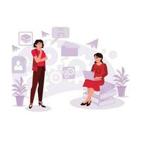 Two female employees are working overtime, some standing and thinking, some sitting with piles of documents. Trend Modern vector flat illustration.