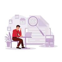 Male businessman sitting and working using a laptop, filling income tax online return form. Concept of tax and VAT. Trend Modern vector flat illustration.