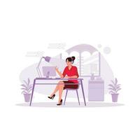 Female employees wearing headphones work late into the night in the office. Trend Modern vector flat illustration.