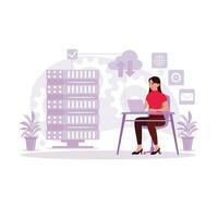 female technician sitting and working on laptop, analyzing server in data center. Trend Modern vector flat illustration.