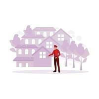 Bodyguard. Security guard in uniform guiding a client for  safety. Trend Modern vector flat illustration.