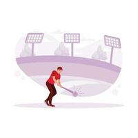 Field with shady trees, lights, and a professional baseball player playing. Trend modern vector flat illustration.