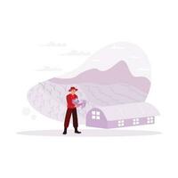 Beautiful mountain scenery, a farm, and a farmer holding his crops. Trend modern vector flat illustration.