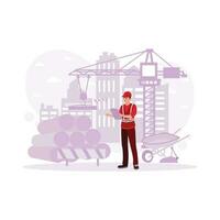 Man in Helmet and Suit on Project. Architects and construction workers. Trend Modern vector flat illustration.