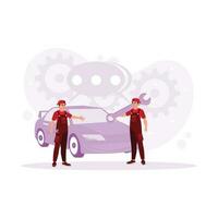 Two mechanics and a car. Arguing about the car problem, one of them brought the key. Trend Modern vector flat illustration.