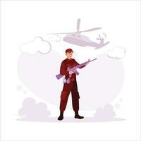 Special soldiers are carrying firearms and taking part in military maneuvers. With a helicopter in the air. Trend modern vector flat illustration.