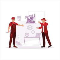 Automotive mechanic with a tool in hand, explaining car problems to the owner in an office, complete with desk and computer. Trend modern vector flat illustration.