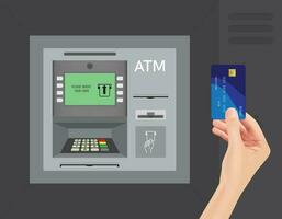 Woman's hand pressing ATM code to withdraw money at gray ATM machine and withdrawing money The procedure for receiving cash using plastic cards and special bank machines. Vector illustration EPS 10.