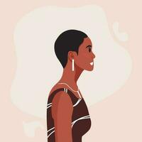 Young beautiful African American woman profile portrait. Female person with brown skin and curly hair. Vector illustration