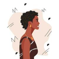 Young beautiful African American woman profile portrait. Female person with brown skin and curly hair. Vector illustration