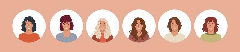 colección de personas retratos en diferente redondo marcos de varios grande negocio equipo vector plano ilustraciones. colección de avatares de gente, hombres y mujer. grupo de contento sonriente compañeros de trabajo