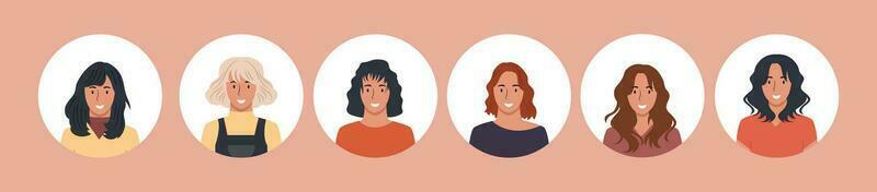 colección de personas retratos en diferente redondo marcos de varios grande negocio equipo vector plano ilustraciones. colección de avatares de gente, hombres y mujer. grupo de contento sonriente compañeros de trabajo