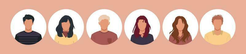 Collection of people portraits in different round frames of various big business team vector flat illustrations. Collection of avatars of people, men and women. Group of happy smiling coworkers.