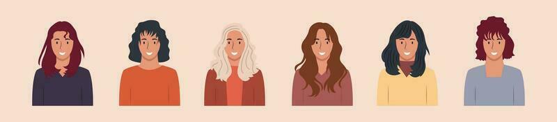 conjunto de diferente personas retratos de diverso grande negocio equipo vector plano ilustraciones. colección de avatares de gente, hombres y mujer. grupo de contento sonriente compañeros de trabajo