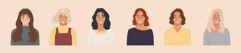 conjunto de diferente personas retratos de diverso grande negocio equipo vector plano ilustraciones. colección de avatares de gente, hombres y mujer. grupo de contento sonriente compañeros de trabajo