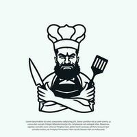 enojado Bigote y barba, grave cocinero en brazos cruzado actitud con cuchillo y espátula. cocinero cocinar en sombrero. negro y blanco vector ilustración, para logo o restaurante marca