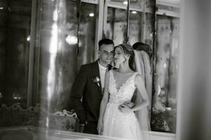 bride and groom inside a cocktail bar photo