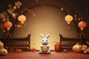 Cheerful Rabbit Celebrating Mid Autumn, Happy Mid Autumn Festival Background. Generative Ai photo