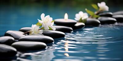 Spa Still Life with Stones and Flowers in Serenity Water. Natural Alternative Therapy. Generative Ai photo