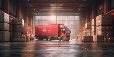 Delivery Truck Loaded with Cardboard Boxes, Logistics Warehouse, Online Delivery Service. photo
