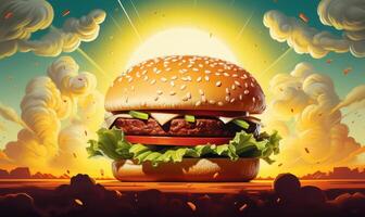 Hamburger Advertising Background For Social Media Post, Fastfood Grilled Tasty Burger. photo