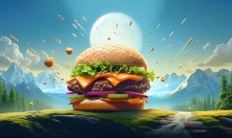 Hamburger Advertising Background For Social Media Post, Fastfood Grilled Tasty Burger. photo