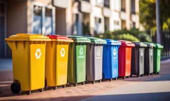 Different Colored Waste Bins, Recycling and Separating Different Types of Garbage Concept. photo