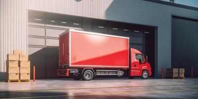 Delivery Truck Loaded with Cardboard Boxes, Logistics Warehouse, Online Delivery Service. photo