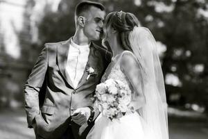 newlyweds walk in the city near old buildings photo