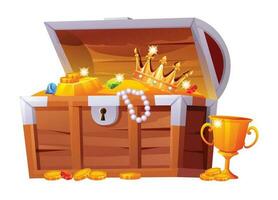 Treasure chest with gold coins, necklace, crown and gemstones cartoon illustration vector