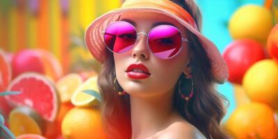 Beautiful Young Woman with Sunglasses, Summer Festive Time Background. Generative Ai photo