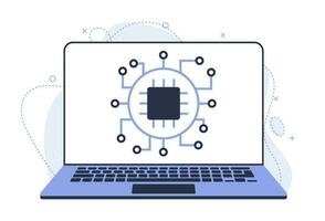 ilustración de un ordenador portátil con un actualizado chip. nuevo software versión. mejorado caracteristicas vector