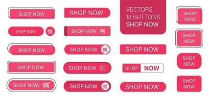 el tienda ahora es un conjunto de sencillo moderno botones. empujar botón para un solicitud, anuncio publicitario, Tienda o sitio web. varios íconos para tu producto. vector