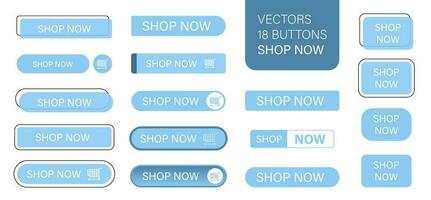 el tienda ahora es un conjunto de sencillo moderno botones. empujar botón para un solicitud, anuncio publicitario, Tienda o sitio web. varios íconos para tu producto vector