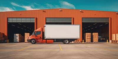 Delivery Truck Loaded with Cardboard Boxes, Logistics Warehouse, Online Delivery Service. photo