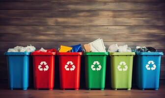 Different Colored Waste Bins, Recycling and Separating Different Types of Garbage Concept. photo