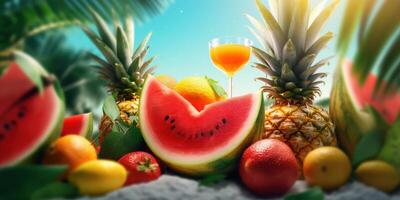 Freshy Various Fruits For Summer Background, Summer Festive Time Concept. Generative Ai photo