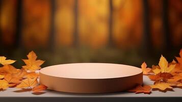 Empty Podium for Product Display on Autumn Background. photo