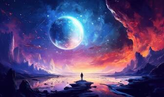 Human Space Exploration Background, Colorful Space Illustration. photo