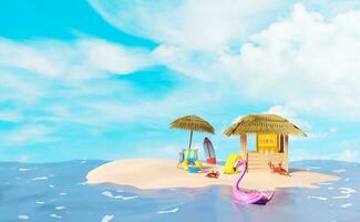 shop store cafe with ice cream showcases or fridge,suitcase, umbrella,palm tree,lifebuoy,beach chair,umbrella,seaside isolated on blue sky background.summer travel concept,3d illustration or 3d render photo