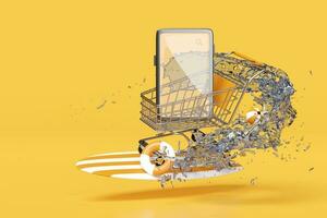mobile phone or smartphone with shopping carts, basket, water splash, lifebuoy, surfboard isolated on yellow background. online shopping, summer travel vacation concept, 3d illustration or 3d render photo