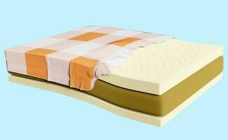 3d layered sheet material mattress with fabric, soft sponge, natural latexisolated on blue background. minimal abstract, 3d render illustration, clipping path photo