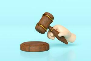 3d wooden judge gavel, hand holding hammer auction with stand isolated on blue background. law, justice system symbol concept, 3d render illustration photo