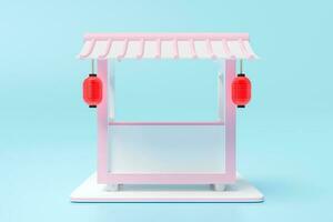 3d chinese style booth shop icon or empty retail store front with roof  awning isolated on blue background. startup franchise business concept, 3d render illustration, clipping path photo