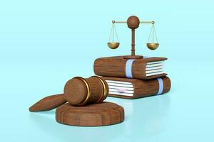 3d wooden judge gavel, hammer auction with justice scales, book isolated on blue background. law, justice system symbol concept, 3d render illustration photo