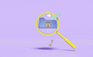 magnifying glass with unlock,lock,cloud folder isolated on purple background,minimal web data search engine concept,3d illustration or 3d render photo