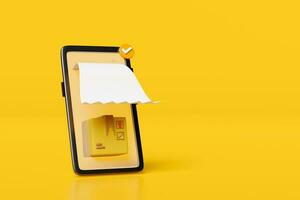 mobile phone, smartphone with delivery receipt, goods cardboard box isolated on yellow background. online shopping, search data order tracking concept, 3d illustration or 3d render, clipping path photo