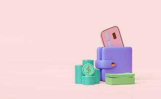 purple wallet with dollar coins stacks,banknote,credit card isolated on pink background.saving money concept,3d illustration or 3d render photo